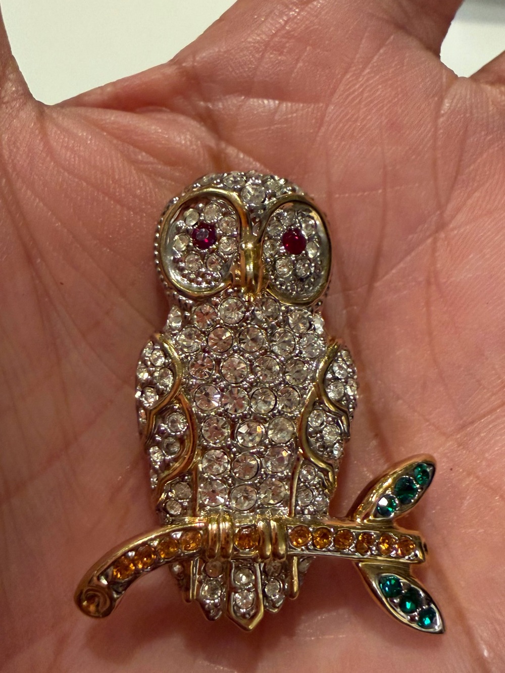 Crystal Owl Brooch Pin in Gold with Clear, Red and Green Stones